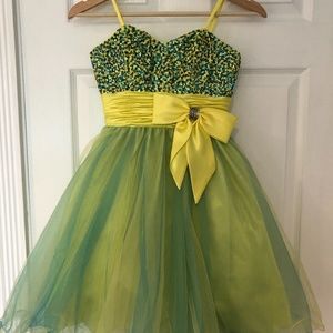 Green and Yellow sequin tulle short prom dress